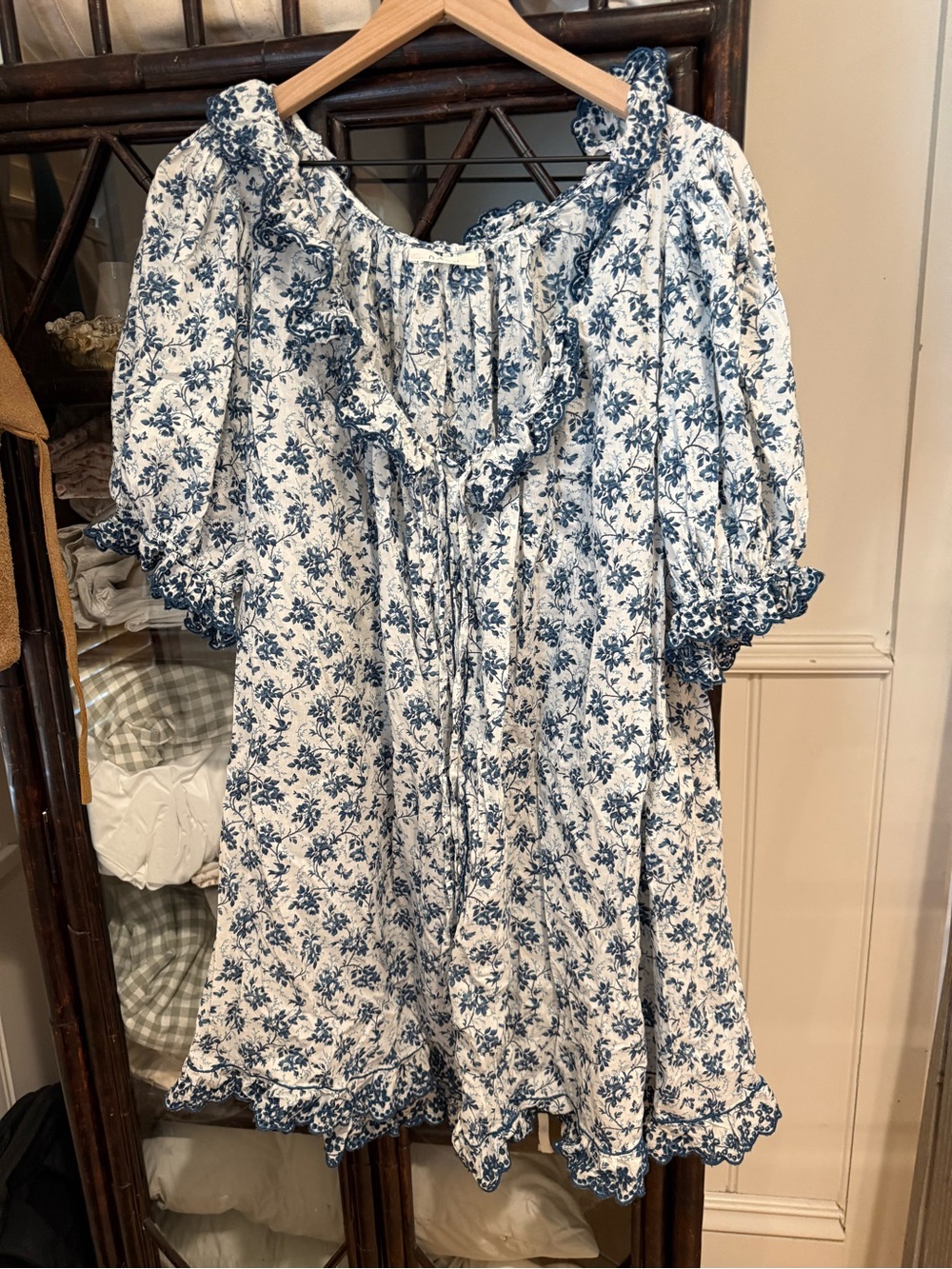 Doen White and Blue Floral Mini Dress